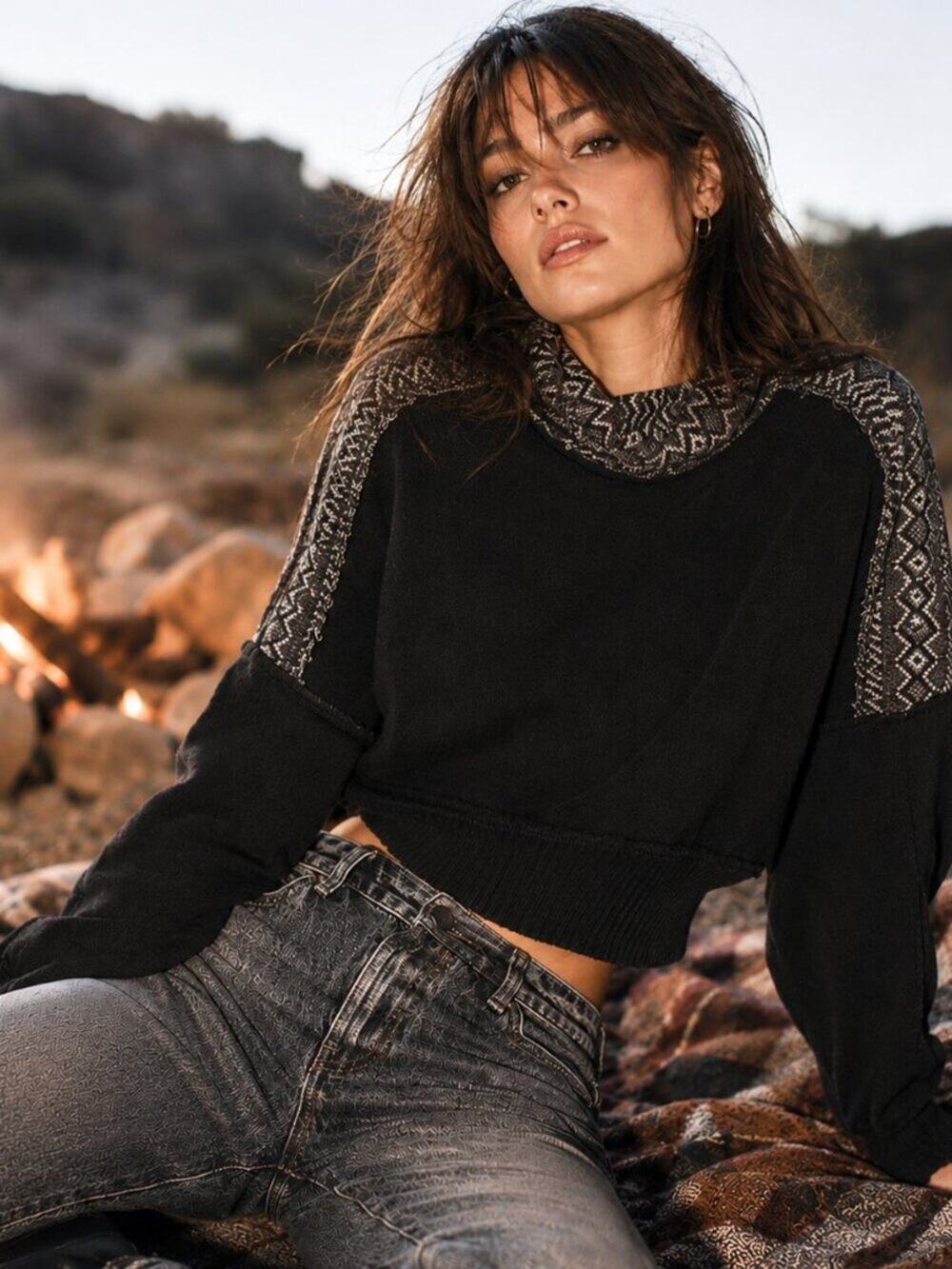 Free People At the Lodge Sweater XS Black Fair Isle Cowl Neck Boho Cozy Pullover
